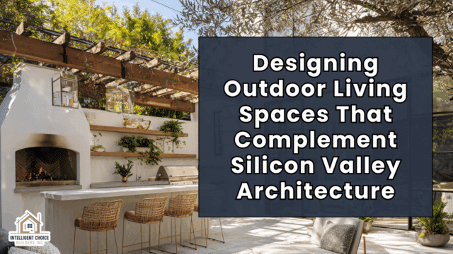 Modern outdoor living space with fireplace and seating area