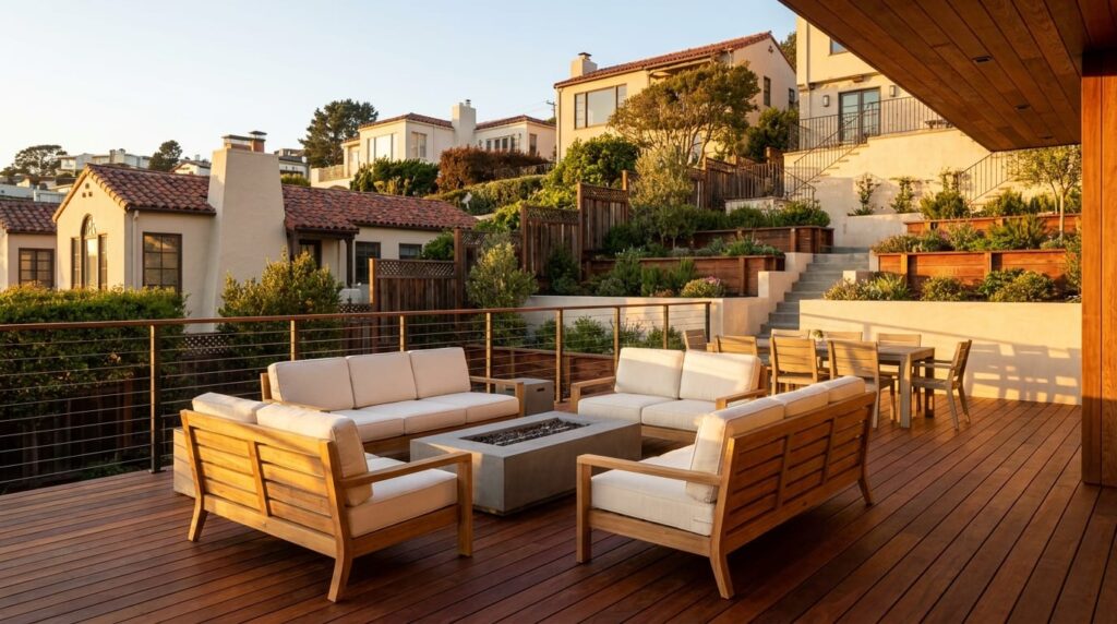 A wide angle architectural photograph of a premium wooden deck