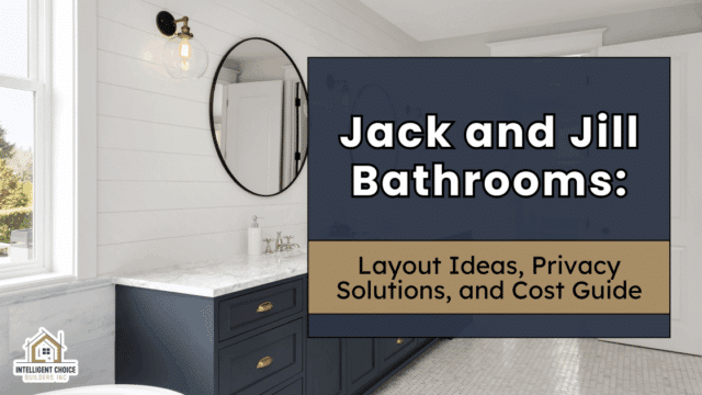 Blue cabinets and mirror in Jack and Jill bathroom layout