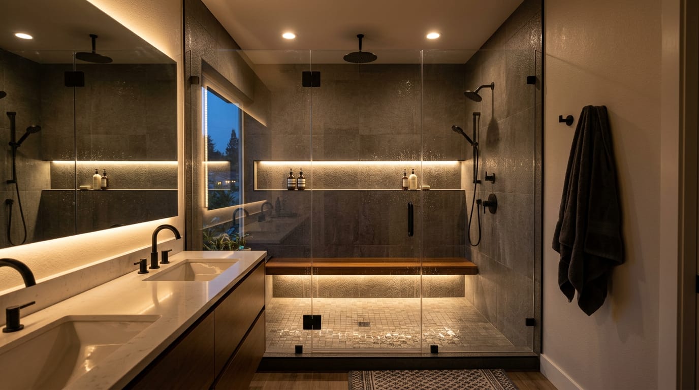 Avoid Costly Mistakes: The Truth About Walk-In Shower Lighting in San Jose 1 Waterproof recessed LED lighting in a modern San Jose walk in shower
