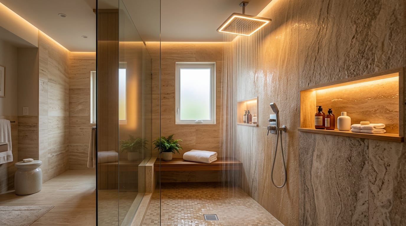Avoid Costly Mistakes: The Truth About Walk-In Shower Lighting in San Jose 2 A well lit walk in shower demonstrating even illumination and zero shadows